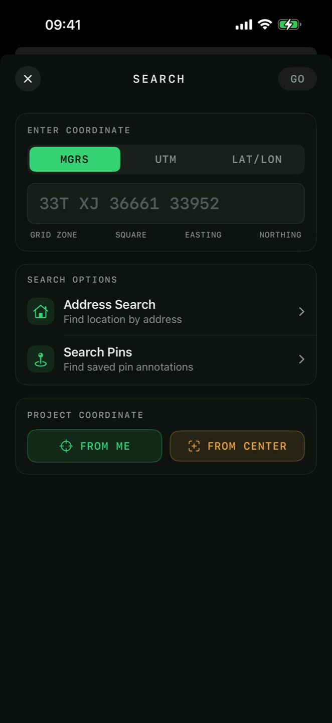 Searching for a position by MGRS coordinate