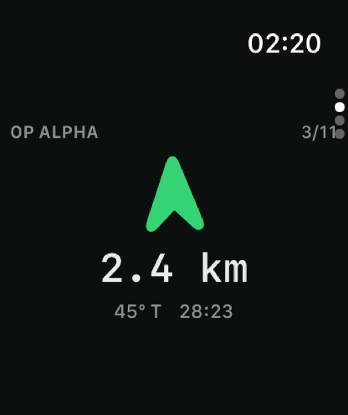 The watch navigation screen with a bearing arrow and distance