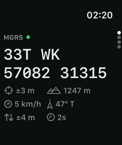 The watch position screen showing a grid reference, accuracy and altitude