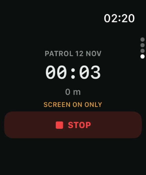 The watch track screen with live distance and elapsed time